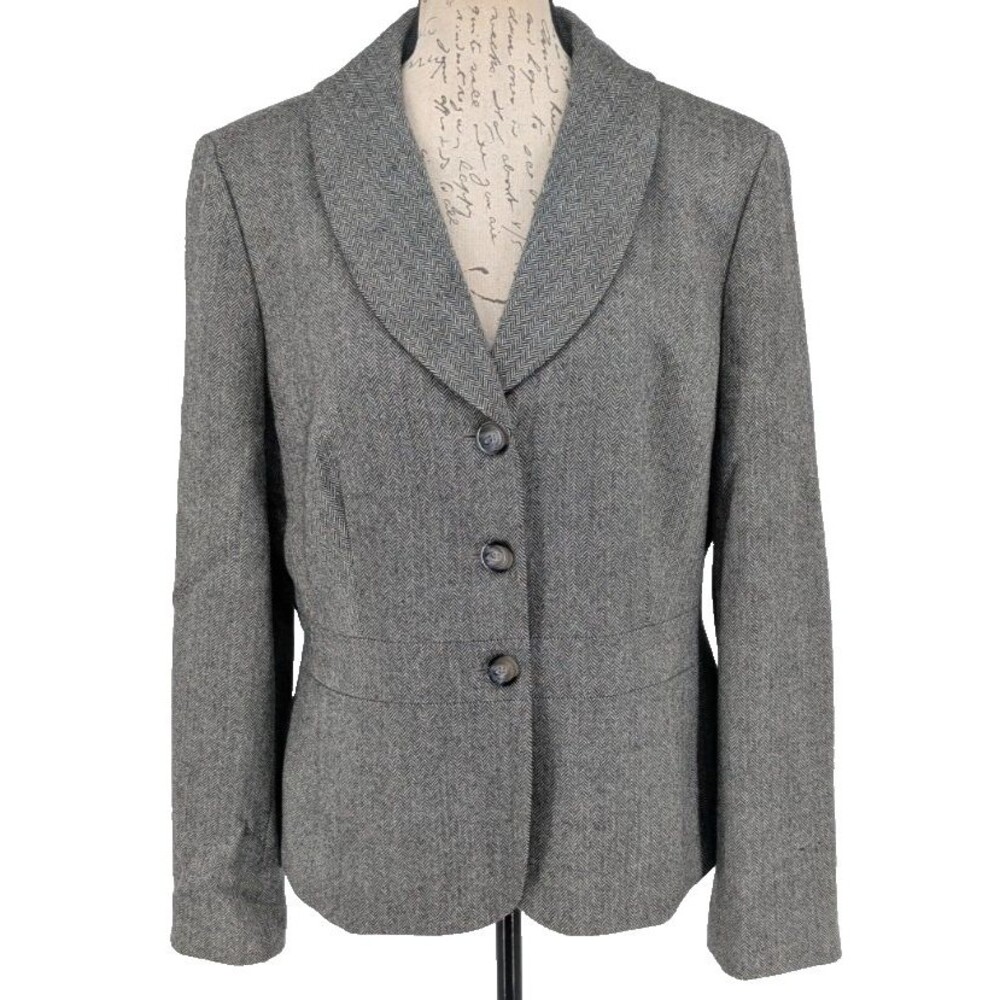 100% Wool Herringbone Gray Blazer MEDIUM Academic  Corp Core ANN TAYLOR LOFT